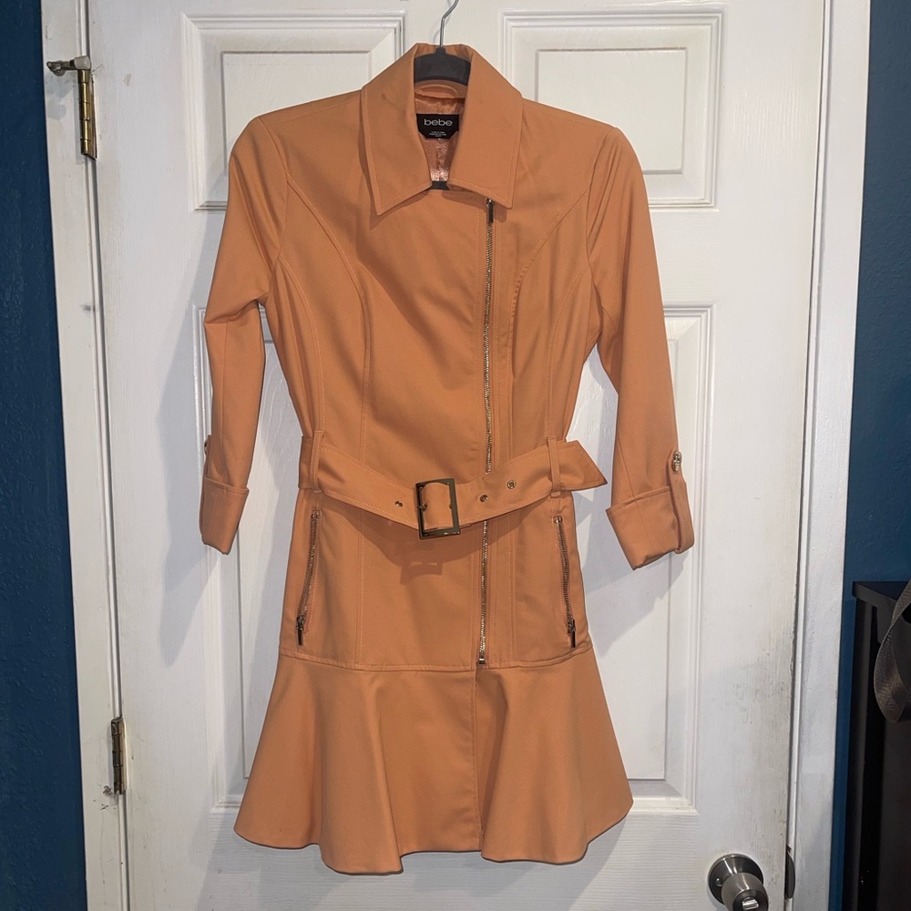 Bebe salmon colored Belted peplum jacket dress xs